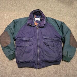 Ash Creek Trading Bomber Jacket Mens L Purple Green Down Leather Patch Workwear